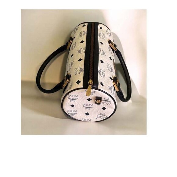 MCM Leather Black and White Logo Barrel Bag - Picture 4 of 5